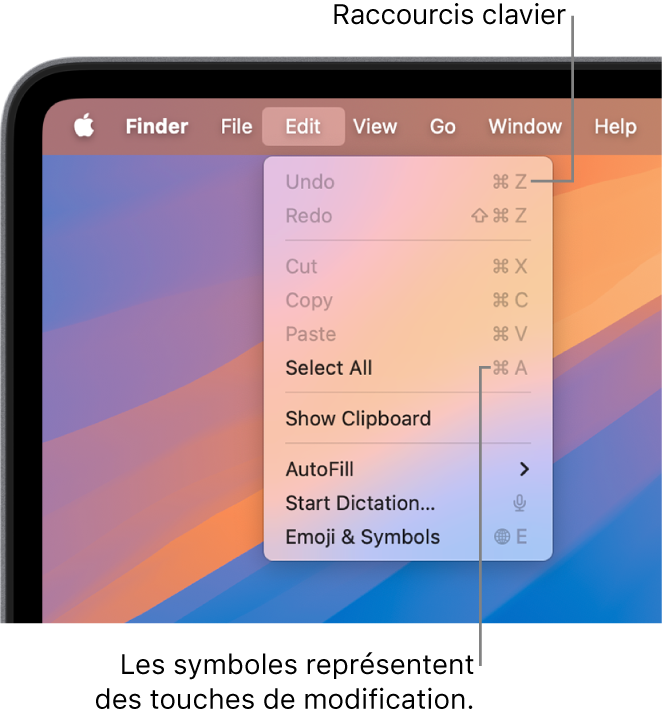 Le menu Édition est ouvert dans le Finder, et les raccourcis clavier apparaissent à côté des éléments de menu.