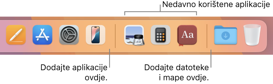 Desni rub Docka s prikazom odvajača ispred i iza nedavno korištenih aplikacija.