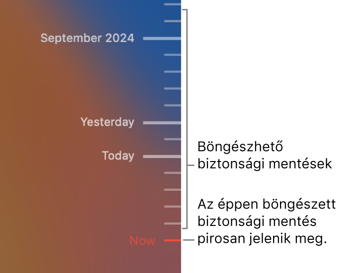 A biztonsági mentés idővonala mentén pipajelek láthatók. Az aktuálisan böngészett biztonsági másolatot egy piros pipa jelöli.