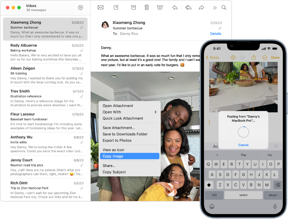 La finestra di Mail è aperta su un Mac, e mostra un’email che include una foto. Un menu di abbreviazioni si trova nella parte superiore della foto, ed è selezionata l’opzione “Copia immagine”. A destra, un iPhone mostra la stessa immagine incollata in una nota.
