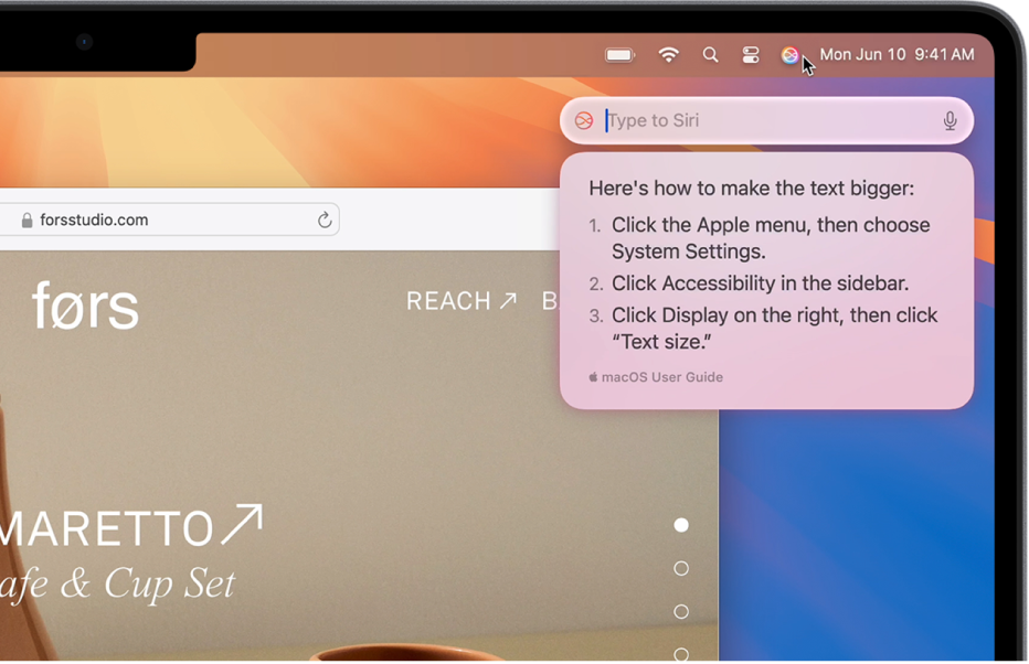 메뉴 막대에 Siri 아이콘이 있고, 텍스트를 크게 만들기 위한 단계를 알려주는 Siri 메시지가 ‘타이핑으로 Siri 사용’ 필드에 표시되어 있는 Mac 데스크탑의 오른쪽 상단 부분.