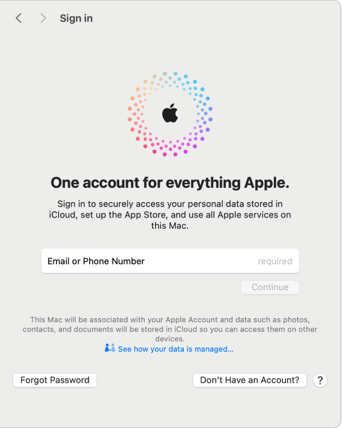 O painel de início de sessão da conta Apple com um campo de texto para introduzir um e-mail ou número de telefone.