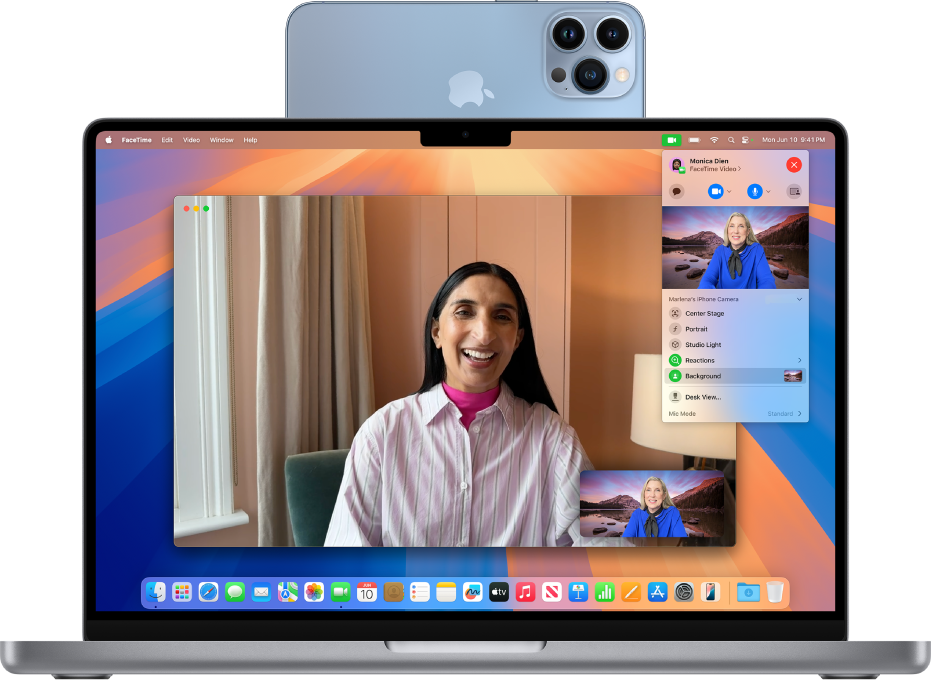 Um MacBook Pro a utilizar um iPhone como webcam e a mostrar uma chamada FaceTime.