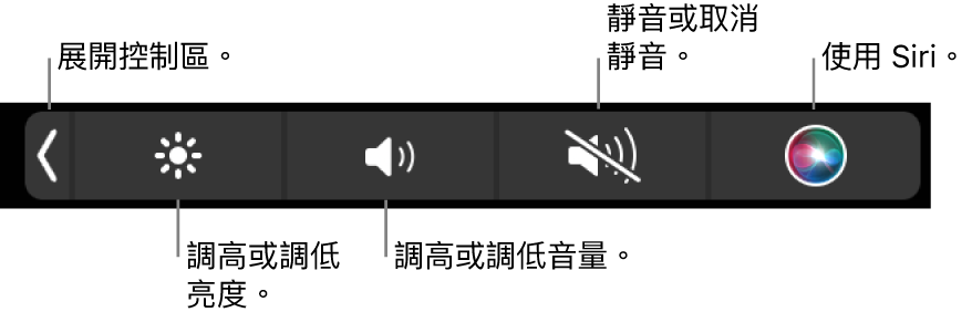 收合的控制區包括以下操作的按鈕：由左至右依序是展開控制區、增加或減少顯示器亮度和音量、靜音或解除靜音以及使用 Siri。