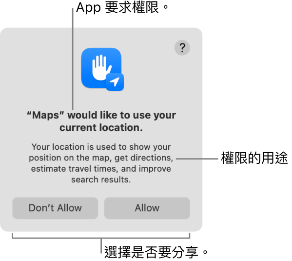 「地圖」App 要求使用你目前位置的權限。