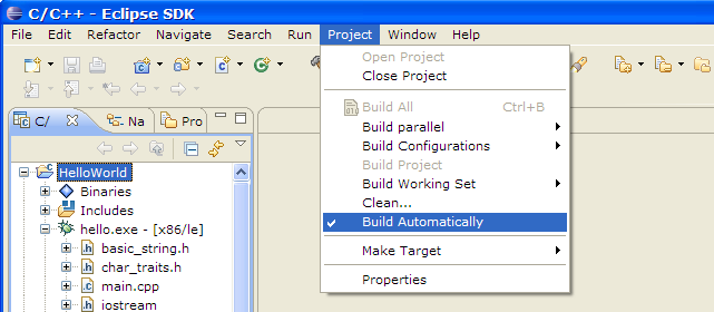 Menubar showing Project selection