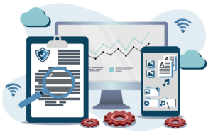 a clipboard, a computer monitor, and a smart phone with business icons and graphs