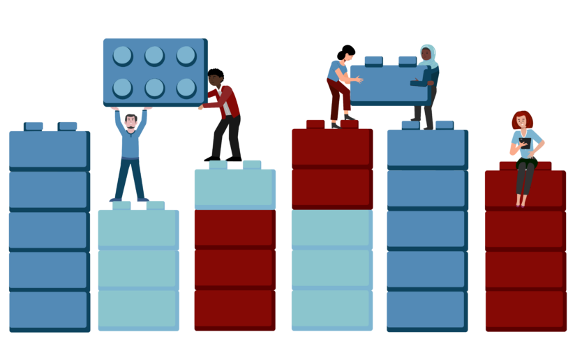 Five animated business people building towers of blue, red, and teal blocks.