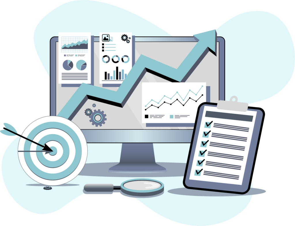 A computer monitor with business graphs, and a clipboard with a checklist