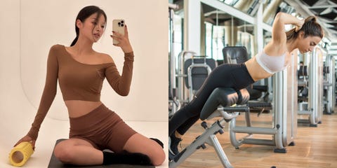 a split image showing two scenarios one is a person posing in a casual outfit and the other is a person exercising in a gym