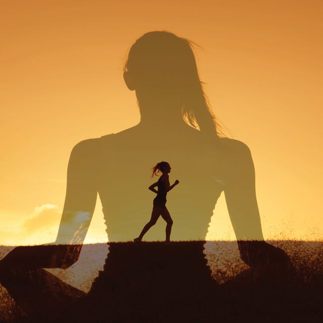 woman meditating overlapped with woman running