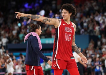 brittney griner points during a team usa basketball game in the 2024 paris olympics