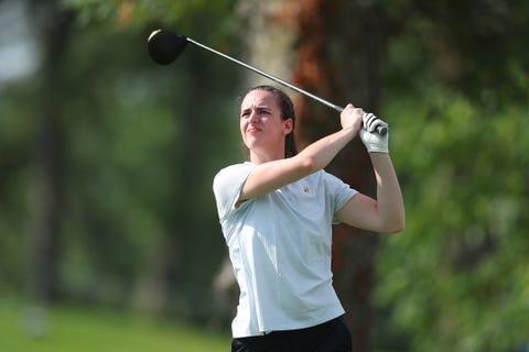 caitlin clark hits a shot at the pro am prior to the john deere classic at tpc deere run on july 05 2023 in silvis illinois