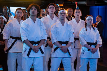 cobra kai l to r oona o’brien as devon, xolo maridueña as miguel diaz, gianni decenzo as demetri, jacob bertrand as eli 'hawk' moskowitz, mary mouser as samantha larusso in cobra kai cr curtis bonds bakernetflix © 2024