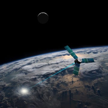 a composite image of a satellite firing an energy weapon at a target on earth