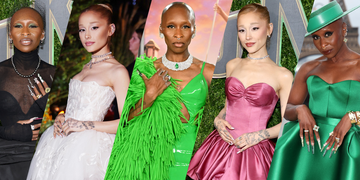 a collage of cynthia erivo and ariana grande wearing different gowns for wicked press events