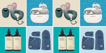 travel accessories and skincare products displayed in a grid