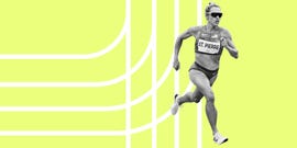 runner in olympic gear sprinting on an abstract yellow and white background