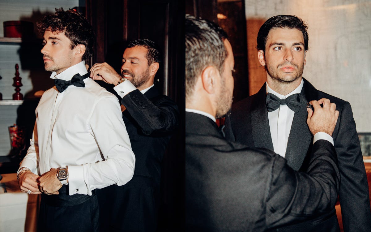 ferrari drivers charles le clerc and carlos sainz jr getting ready for the gladiator 2 premiere in london