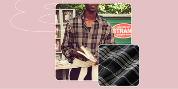 plaid flannel shirt paired with a book featuring a fabric swatch