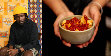 chef akwasi brenya mensa and a pot of his dish cassavas bravas