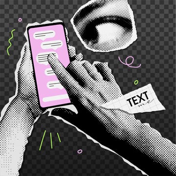 halftone collage of smartphone hands sending messages by phone correspondence on the phone, retro torn out paper elements vector illustration