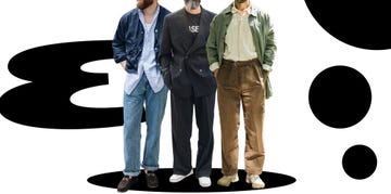 three men wearing distinct outfits standing side by side on a minimalistic background