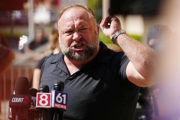 alex jones speaks to the media outside the sandy hook trial in waterbury, connecticut