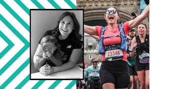 a split image featuring a mother with child and a woman running in a marathon