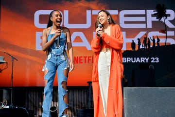 huntington beach, california february 18 l r carlacia grant and madison bailey speak onstage during poguelandia an outer banks experience on february 18, 2023 in huntington beach, california photo by jerod harrisgetty images for netflix