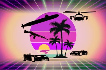 silhouette of military vehicles and palm trees against a gradient sunset