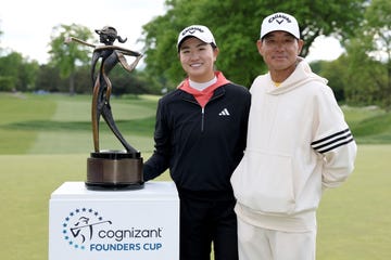 rose zhang and her dad haibin at the cognizant founders cup final round