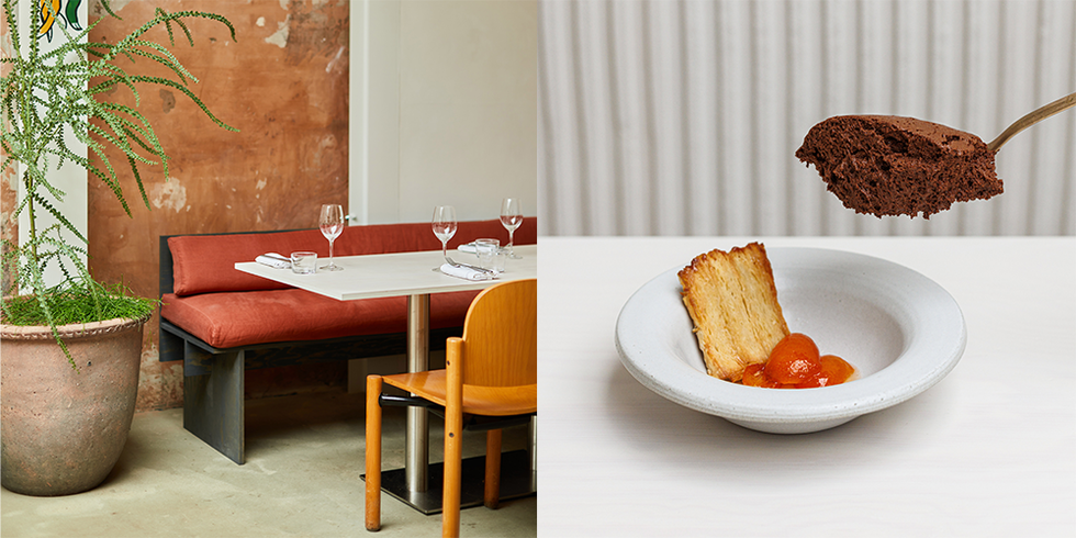 a table with a plate of food and glasses on it