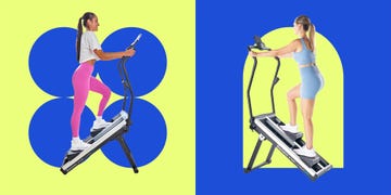 two women using an elliptical machine against colorful backgrounds