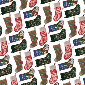 a repeating pattern of decorated holiday stockings