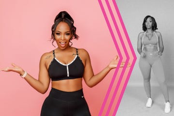 a person wearing a black sports bra and high waisted black leggings standing with arms outstretched in a welcoming pose the background is bright pink enhancing the athletic aesthetic a second image is presented in grayscale depicting the same person in a different outfit with a more dynamic pose showcasing movement and fitness