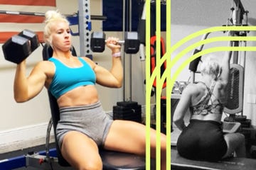 korissa pearson exercising with dumbbells in a gym setting