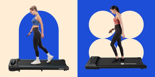 two individuals walking on separate treadmills against a colorful background