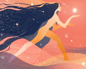 illustration of a woman with star filled hair and her hand holding a star, on a starry background