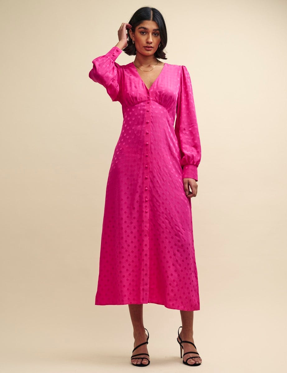 Pink Satin Jacquard Tasha Midi Dress