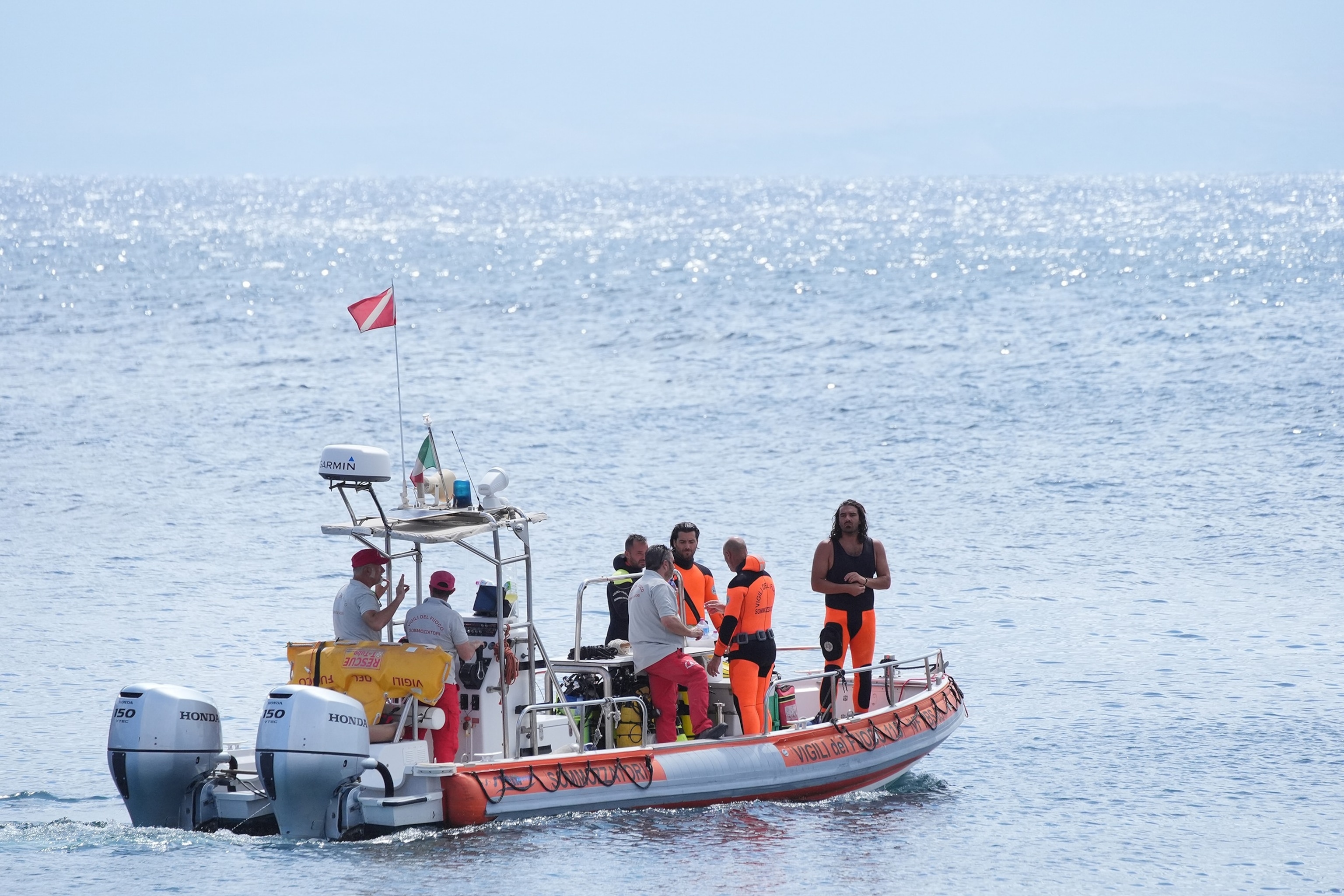 PHOTO: In this Aug. 20, 2024, file photo, Italian emergency services head out to sea towards the area off the Sicilian coast, where the search continues for British technology tycoon Mike Lynch and his daughter Hannah.