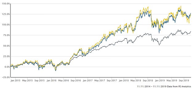 Scottish Mortgage's net asset value (blue) and share price (yellow) has beaten the average global investment trust over the past five years (black)