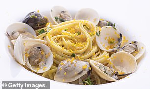 Above, seafood dish spaghetti alle vongole