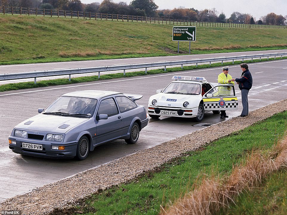 Arguably the RS200's most famous image is this one, showing a police-liveried example pulling over a Sierra RS Cosworth. The staged image was taken on the A12 in Essex, close to Ford's offices in Brentwood and the car wasn't ever used in service