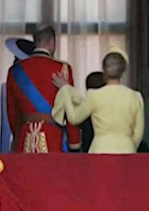 Duchess of Edinburgh places a supportive hand on Prince William's back as they leave the