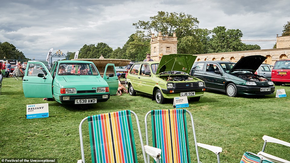 The mix of vehicles is particularly varied, including those selected for the Concours showpiece. From left to right is a 1994 Reliant Robin next to Colin Corke's 1981 Metro and a 1995 Alfa Romeo 145