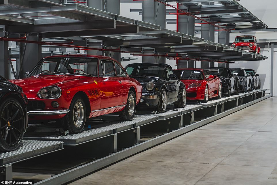 Clients can access their vehicle 365 days a year between the hours of 9am to 5pm, Monday to Friday. To get their hands on their vehicles outside of these operating hours - and at weekends -  the owners have to make a special request. Pictured: A 1960s Ferrari 330 GT2+2 is among the modern sports cars on the lower rack while a Mini Cooper S sits on the upper level