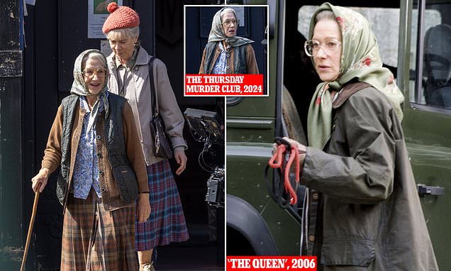 Helen Mirren channels the late Queen's style as she is seen for the first time filming The