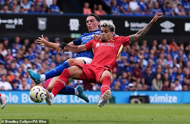 Liverpool's Luis Diaz (right) and Ipswich's Jacob Greave (left) pictured battling for the ball