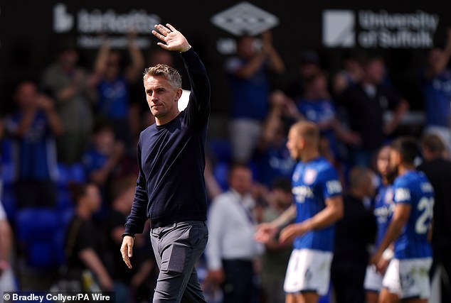 Ipswich manager Kieran McKenna waved at the crowd following the final whistle on Saturday